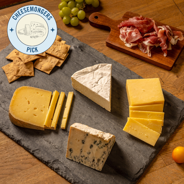 Best Sellers Box selection cheese gift set - Ascutney Mountain, Bayley Hazen Blue, Shelburne Cheddar, Nancy's Camembert, Mitica Prosciutto, Potter's Classic White Crackers. Cheesemongers pick.