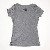 back side of gray t-shirt with saxelby logo top and center