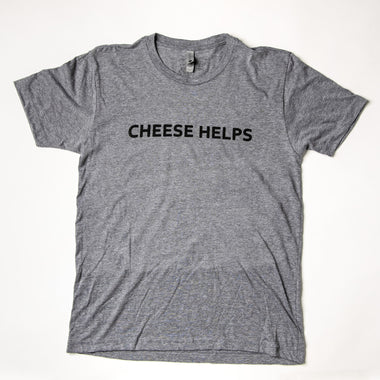 gray t-shirt with 'Cheese Helps' printed in black lettering artisan cheese gift