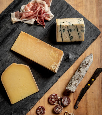 Cheese & Charcuterie selection gift set - Jake's Gouda, Bayley Hazen Blue, Cabot Clothbound Cheddar, Saucisson Sec, Mitica Prosciutto, Artisan Crackers