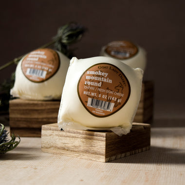 Smokey Mountain Round goat's milk smoked fresh cheese Goat Lady Dairy