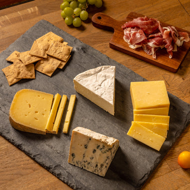 Best Sellers Box selection cheese gift set - Ascutney Mountain, Bayley Hazen Blue, Shelburne Cheddar, Nancy's Camembert, Mitica Prosciutto, Potter's Classic White Crackers