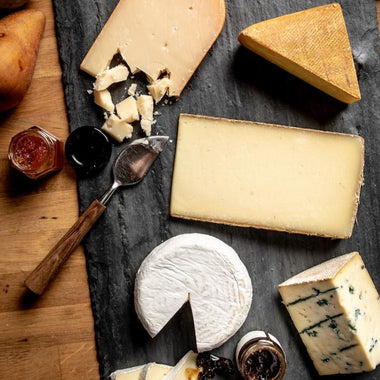 large cheesemonger's choice cheese gift box - a selection of five different cheeses with honey, jam, and crackers, cow's, goat's, sheep's milk cheese