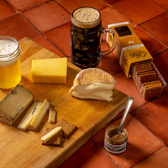 Beer Lover's Box Saxelby Cheese gourmet cheese gift - Shelburne Cheddar, Willoughby, Dunbarton Blue, Effie's Biscuits, Raye's Mustard