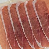 Close-up of sliced prosciutto with a white background