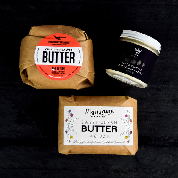 Saxelby Cheesemongers Artisan Butter Collection gift Ploughgate Cultured Butter, High Lawn Farm Sweet Cream Butter, Regalis Black Truffle Butter