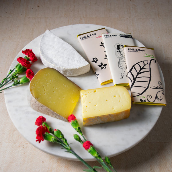 selection of cheeses, Fine & Raw chocolate bars
