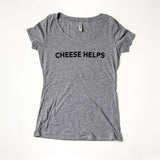 gray t-shirt with 'Cheese Helps' printed in black lettering