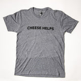gray t-shirt with 'Cheese Helps' printed in black lettering