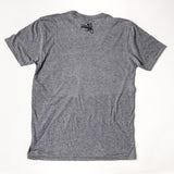 back side of gray t-shirt with saxelby logo top and center